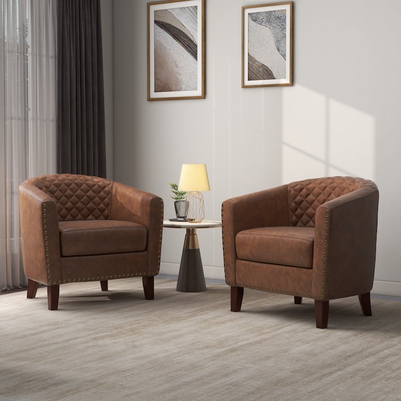 2 Set 29" W Vegan Leather Barrel Accent Chairs with Nailheads Trim