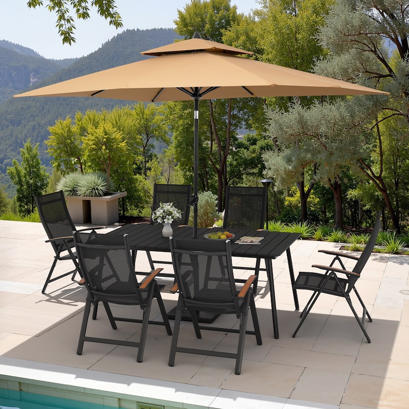 9PC Outdoor Patio Dining Set Wood-Like Aluminum Umbrella Hole Table with Folding Chairs,Double Top Market Umbrella and Base - BlackTable&BlackChairs&TanUmbrella