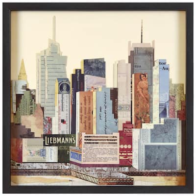 "New York City Skyline B" Alex Zeng's dimensional collage, under glass & a black shadow box frame