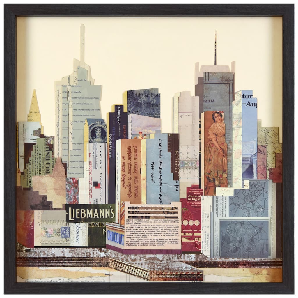 "New York City Skyline B" Alex Zeng's dimensional collage, under glass & a black shadow box frame