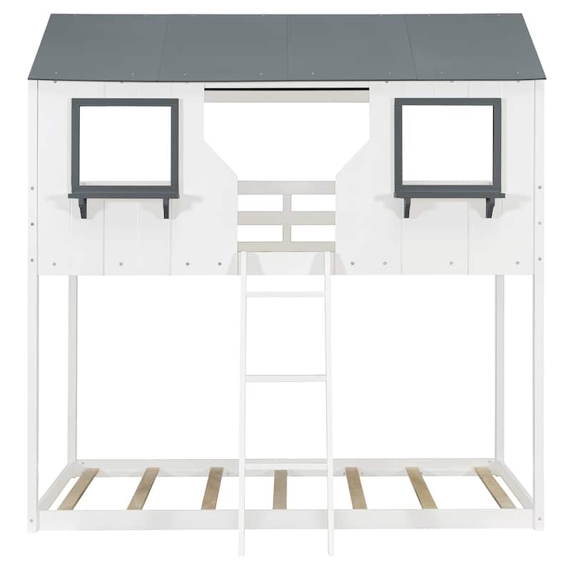Kids House Bed Twin Over Twin Bunk Bed with Roof, Window and Shelves