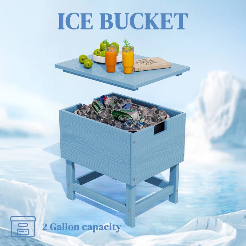 Outdoor Patio Weather Resistant HDPE Coffee & Side Table, Build-in Stainless Steel Cooler Bucket