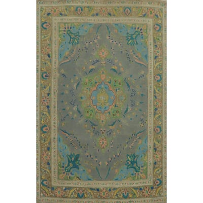 Hand Knotted Oriental 100% Wool Carpet Traditional Floral Greys & Charcoal Tabriz Area Rug - 9' 7'' X 6' 8''