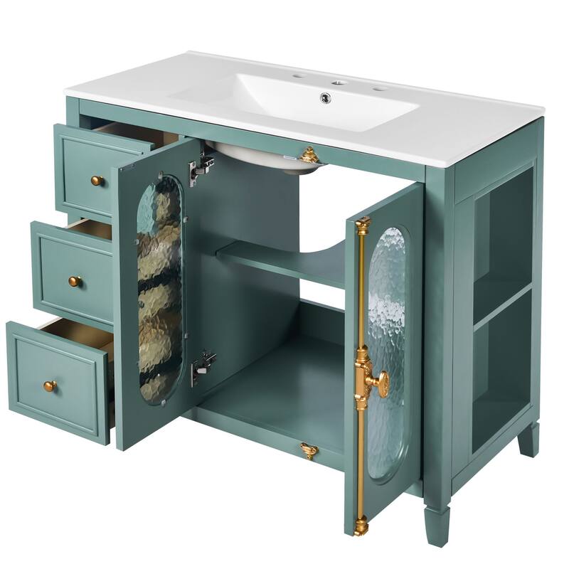36-Inch Lake Green Bathroom Vanity with Ceramic Sink, Glass Doors & Storage Drawers - 36 in ,Lake Green ,Ceramic,Solid Wood+MDF