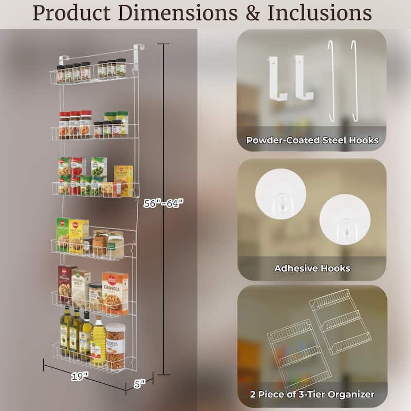 Lavish Home 6-Tier Adjustable Over the Door Pantry Organizer - Powder-Coated Steel Hanging Pantry Shelves and Rack (White)