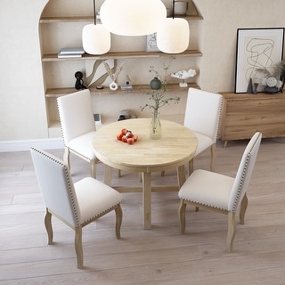 5-Piece Wood Round Dining Table Set with 4 Upholstered Dining Chairs ...