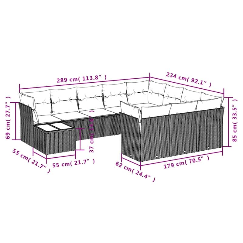 vidaXL Patio Sofa Set with Cushions Outdoor Furniture 11 Piece Poly Rattan - 21.7 x 21.7 x 14.6