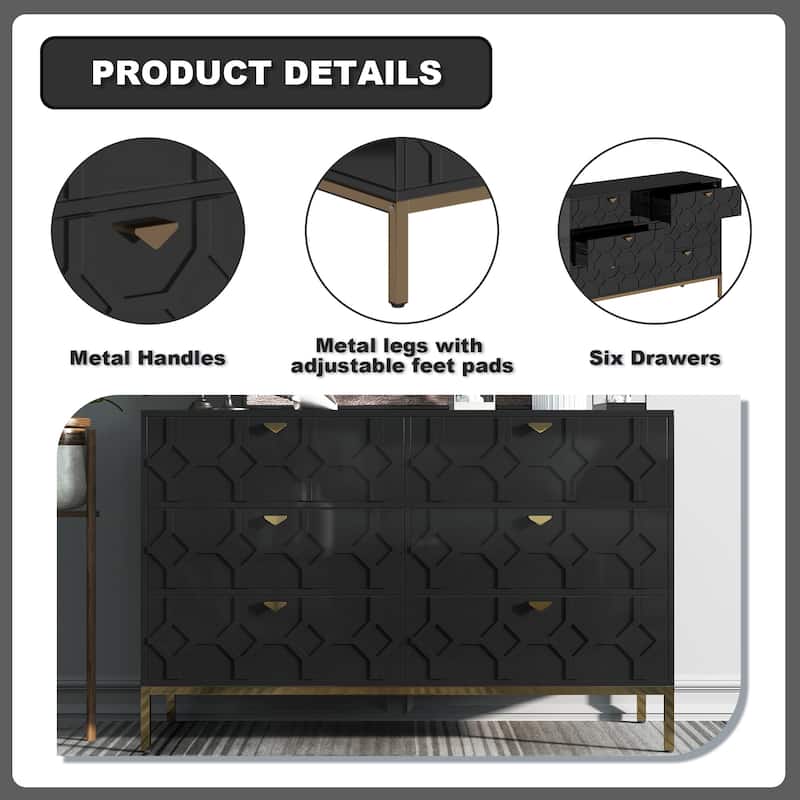 Clihome Wooden Storage 6 Drawer Double Dresser for Bedroom