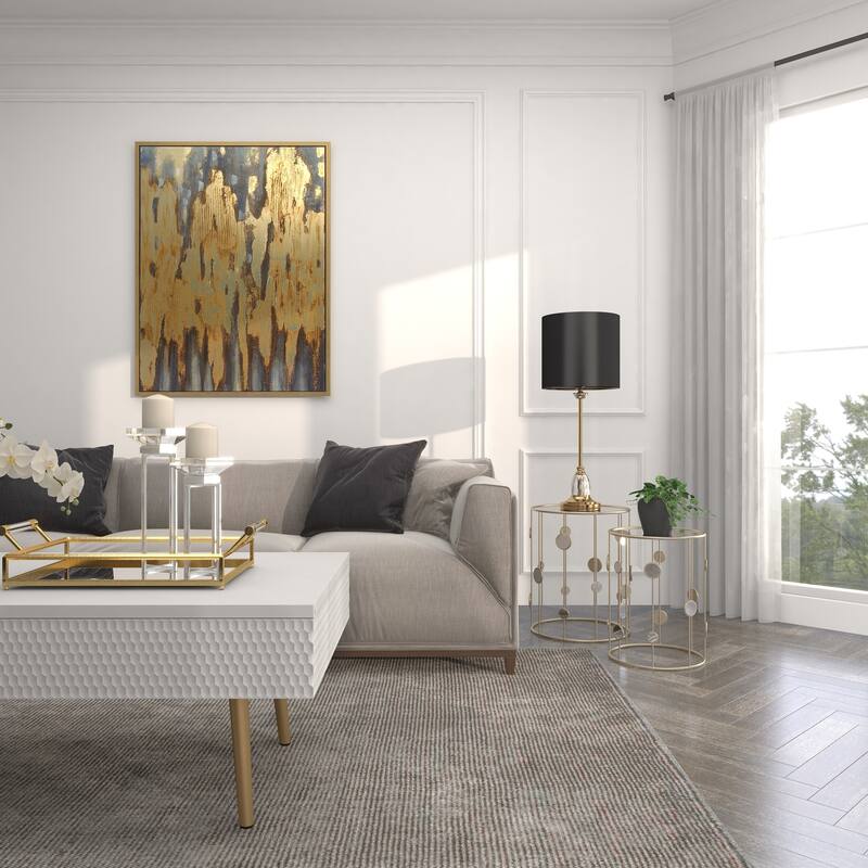 Gold Metal Open Frame Accent Table with Mirrored Glass Top and Circular Accents (Set of 2)