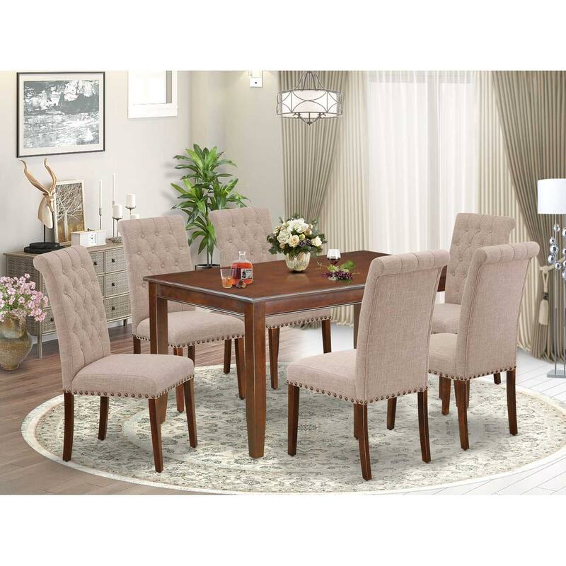 HomeStock 7-Piece Rectangle Mahogany Finish Solid Wood Top Dining Table with 6-Parson Chairs with Lattice Back
