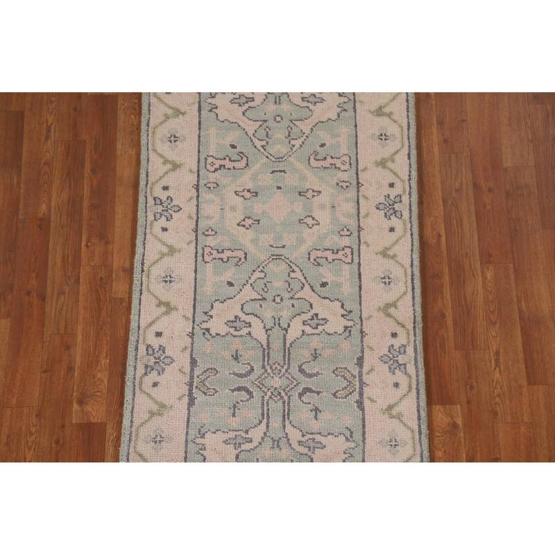 Green Oushak Oriental Runner Rug Handmade Wool Carpet - 2'6"x 10'2"