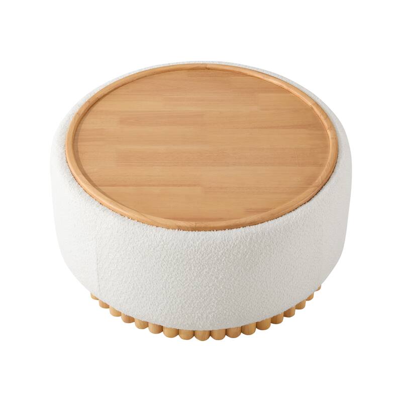 29" Round Storage Ottoman with Solid Wood Legs, Coffee Table with Reversible Lid, Boucle Fabric Footrest for Living Room