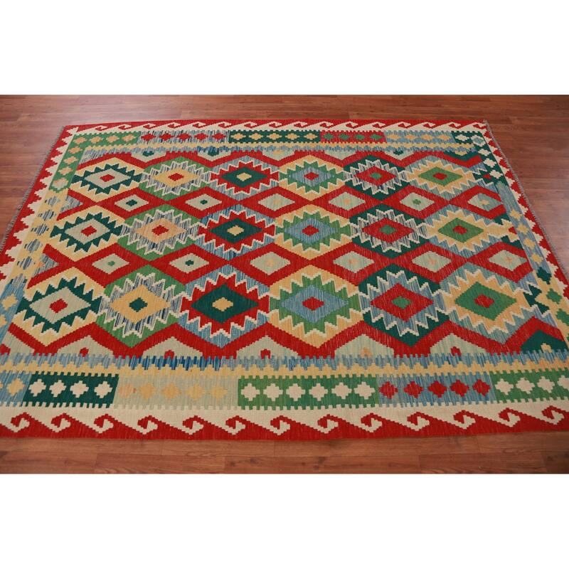 Hand Woven Oriental 100% Wool Carpet Southwestern Geometric Multi-Colored Kilim Area Rug - 8' 0'' X 5' 10''