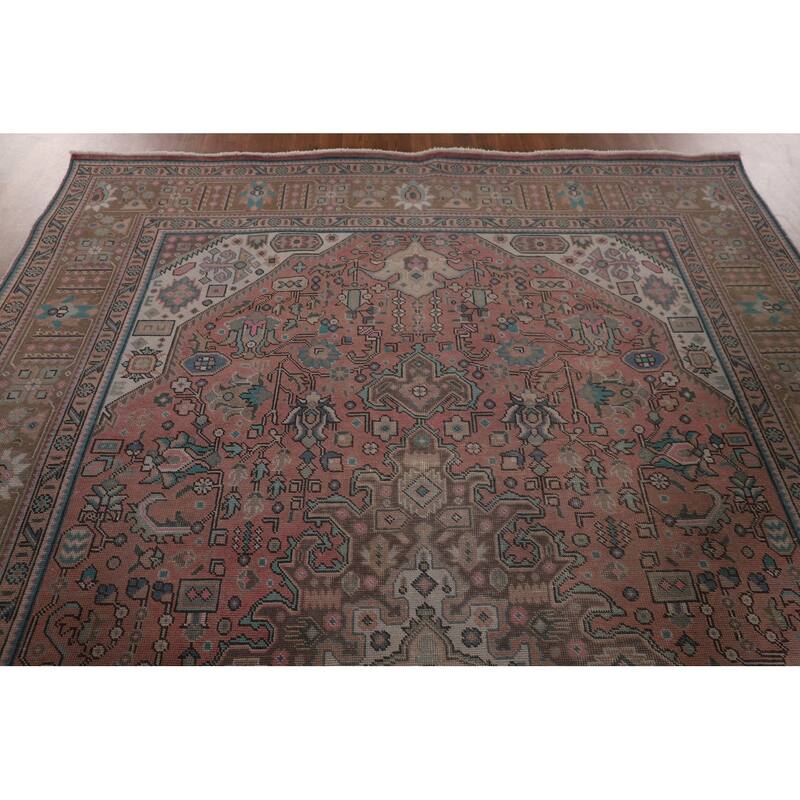 Pink Geometric Tabriz Persian Vintage Area Rug Handmade Wool Carpet - 7'10" x 11'0"