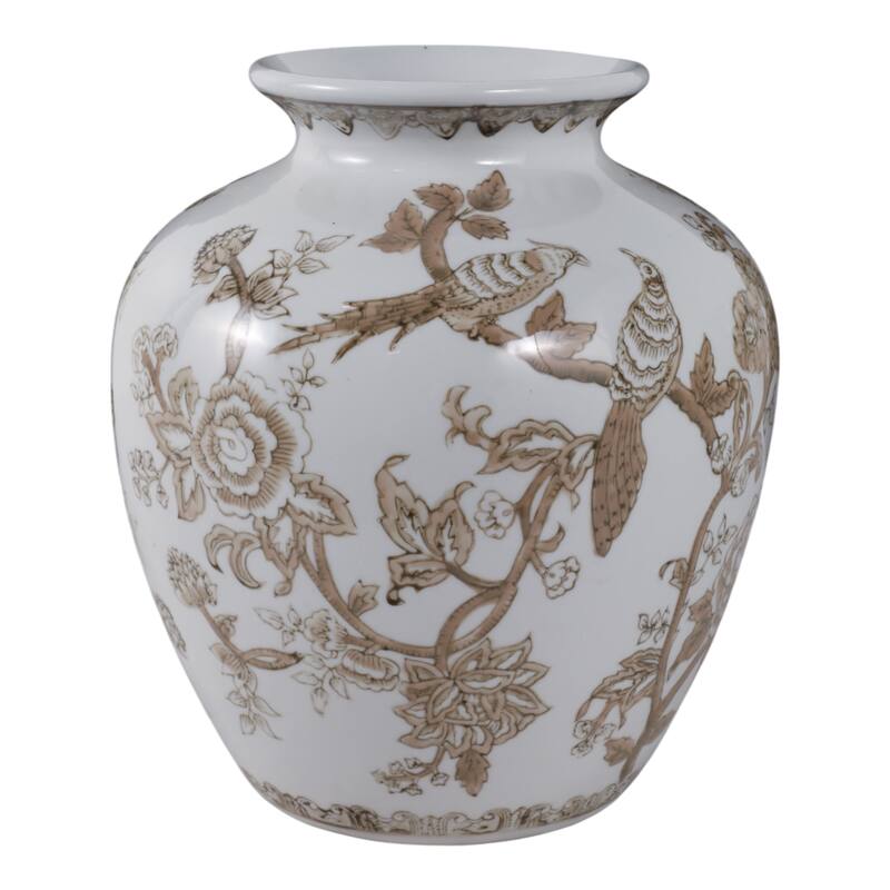 Decorative Ceramic Chinoiserie Flower Vase - White & Brown, 10"