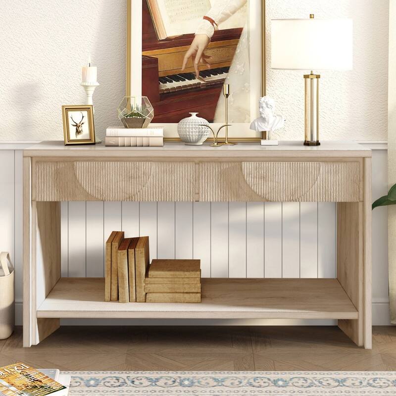 Farmhouse 55.12" Console Table with Distressed Wood Finish and Fluted Drawers for Living Rooms - Natural