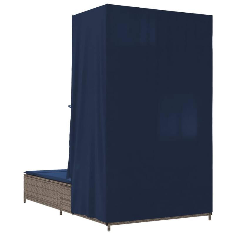 vidaXL Double Sun Lounger with Roof and Curtains Poly Rattan Brown/Gray/Black - 40.9" x 77.6" x 76"