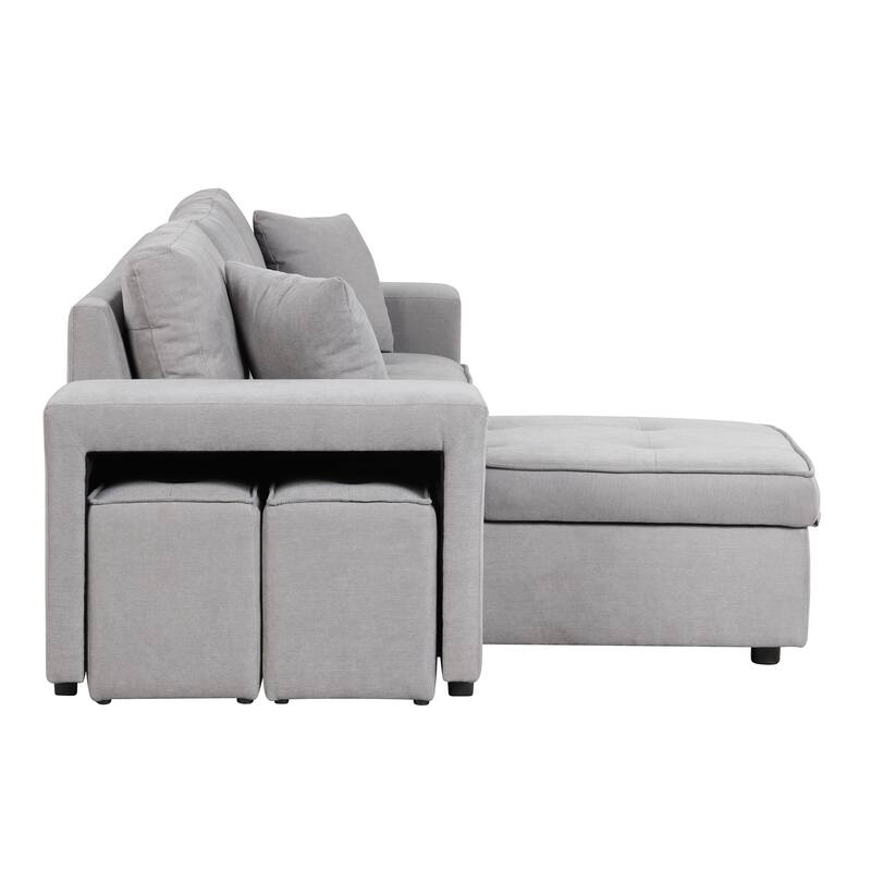 104.5" Linen L-Shaped Sectional Sofa with Pull-Out Bed and Storage Chaise, Includes 2 Stools