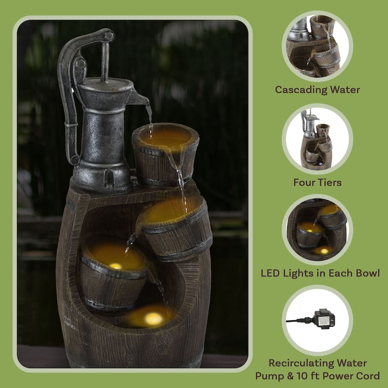 Old Fashion Hand Pump Fountain- 4-Tier Polyresin Barrel Cascading Waterfall with LED Lights by Pure Garden