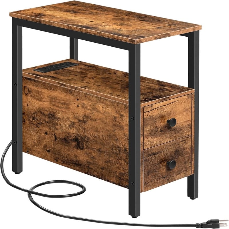 End Table with Charging Station - 11.8"D x 18.9"W x 24"H - Rustic Brown + Black