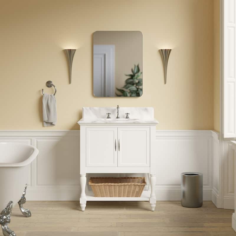 KitchenBathCollection Beverly 30" BathroomVanity w/ Carrara Marble Top - White