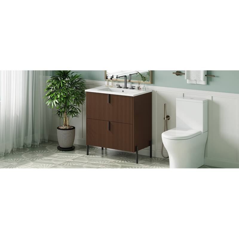 Bathroom Vanity with Ceramic Sink, Freestanding Bathroom Storage Cabinet, Fluted Bathroom Vanity with 2 Full-Extension Drawers