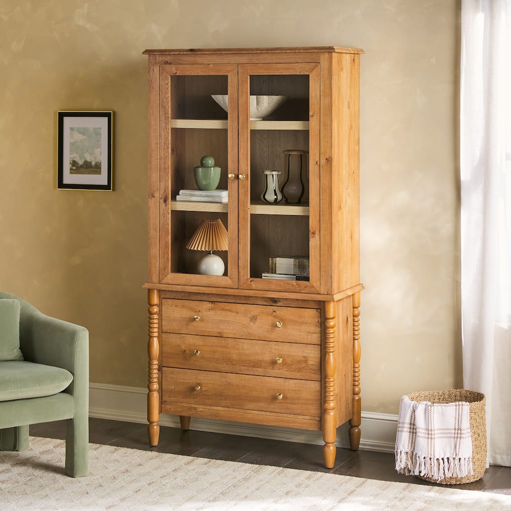 Turned Wood Spindle Glass Cabinet Bookcase with Drawer Storage