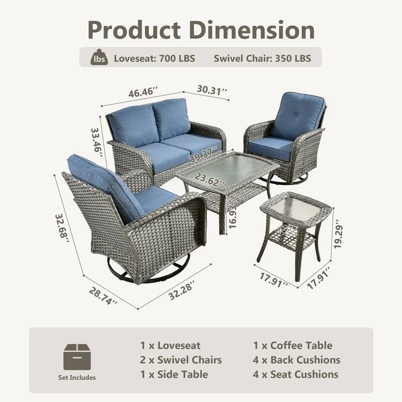 OVIOS 5 Piece Outdoor Wicker Loveseat Rocking Chair Set