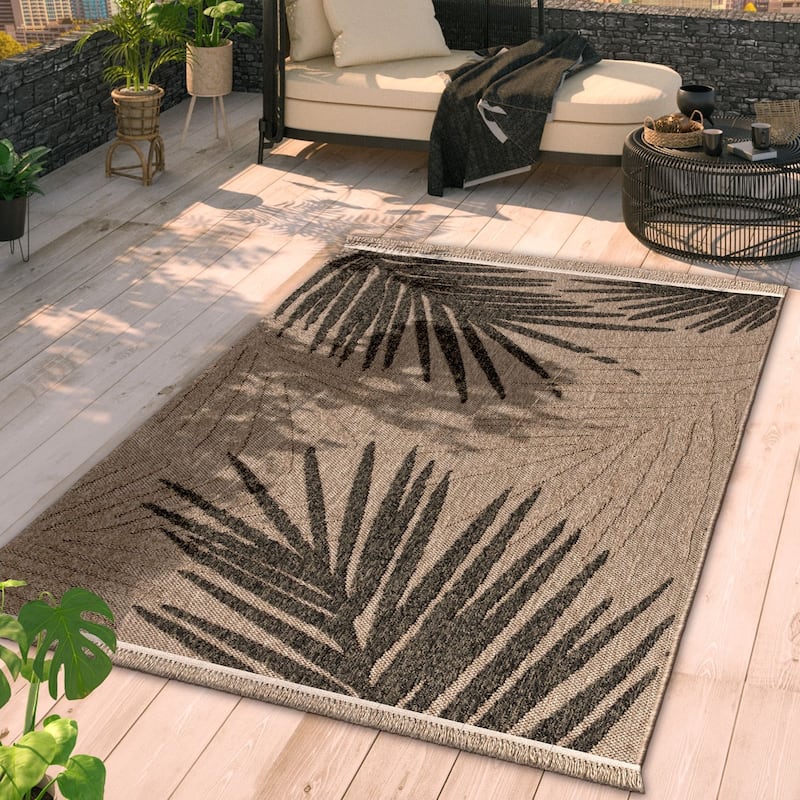 Indoor and Outdoor Rug in Natural Look with Modern Leaves Motif