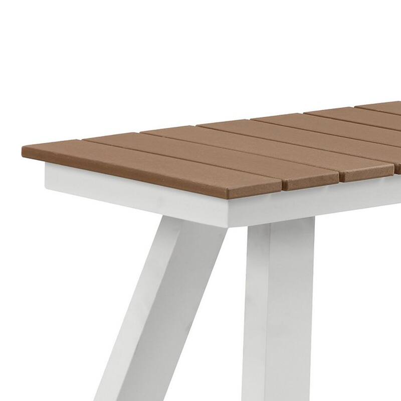 Zia 54 Inch Outdoor Dining Bench, Brown Polyresin Top, White Aluminum Frame