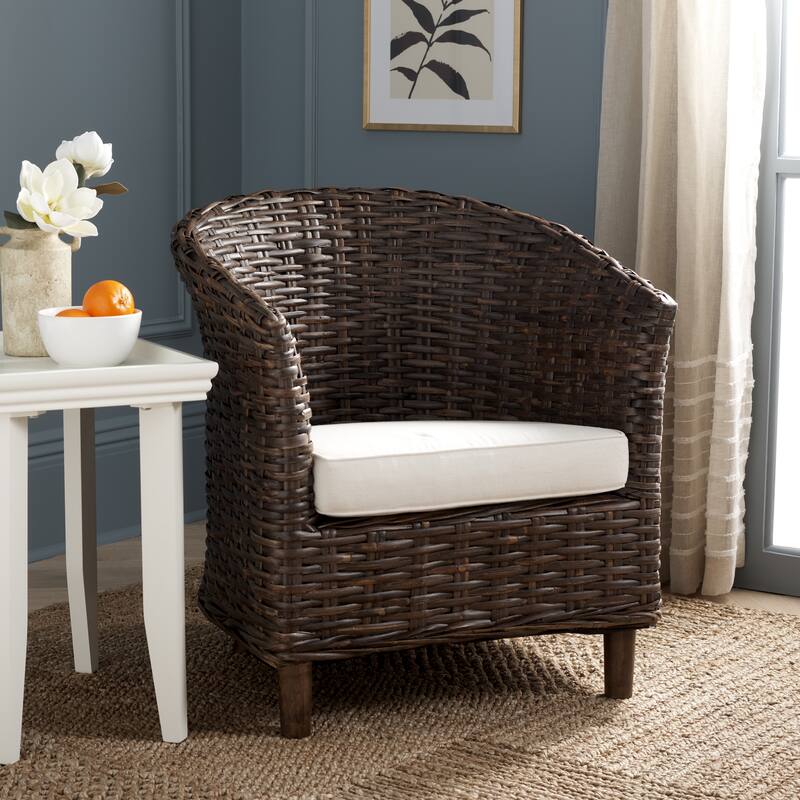 SAFAVIEH Charla Rattan Barrel Chair with Cushion - 29.1" x 27.2" x 32.7" - 29Wx27Dx33H