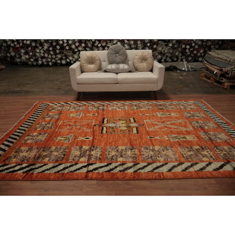 Hand Knotted Oriental 100% Wool Carpet Modern Tribal Oranges & Rust Moroccan Area Rug - 9' 9'' X 6' 10''