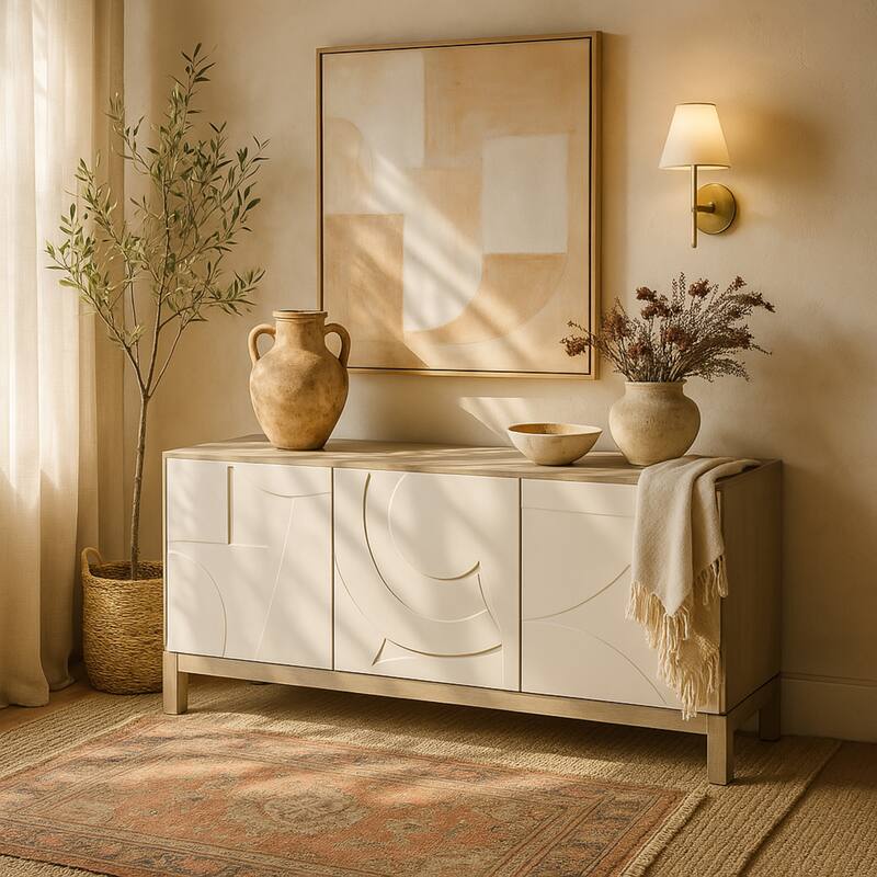 Wooden Geometric 3 Door and 1 Interior Drawer Sideboard - White - Roche River Decor - 19"W x 68"L x 32"H
