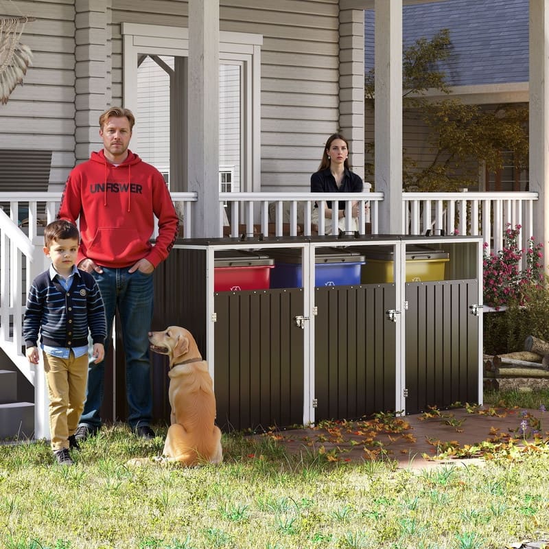 120 Cu. Ft. Outdoor 3-Trash-Can Storage Shed, Pneumatic Support Rod Storage - N/A