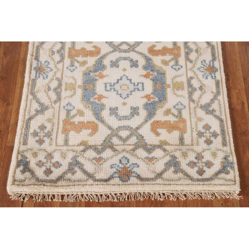 Beige Floral Oushak Runner Rug Hand-knotted Wool Carpet - 2'6"x 9'10"