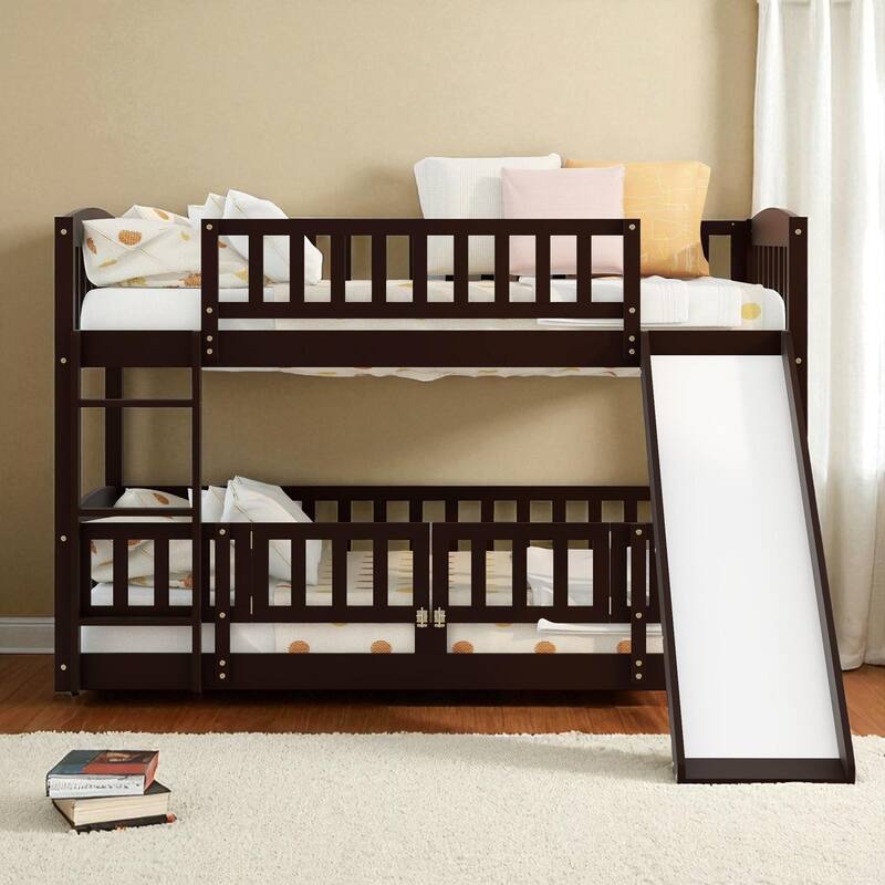 Twin Over Twin / Full Over Full Bunk Bed with Slide and Fence, Low Wood Frame with Ladder for Kids and Teens