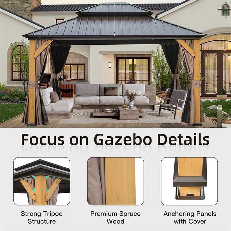 GDFStudio - Harper Outdoor Gazebo with Cedar Wood Frame and Galvanized Steel Double Roof