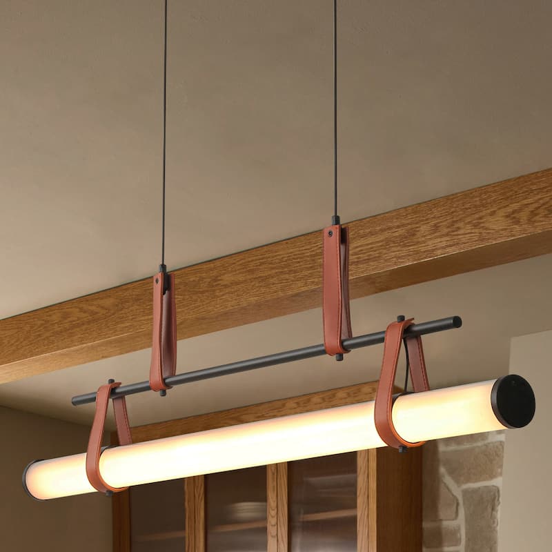 41.7" W Modern Cylinder Linear Acrylic Island LED Pendant Light with Leather Accents for Dining Room