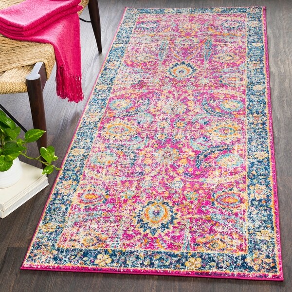 Navy Blue Pink Traditional Mats for Hall Fuschia Relaxed Vintage Hallway Runner 