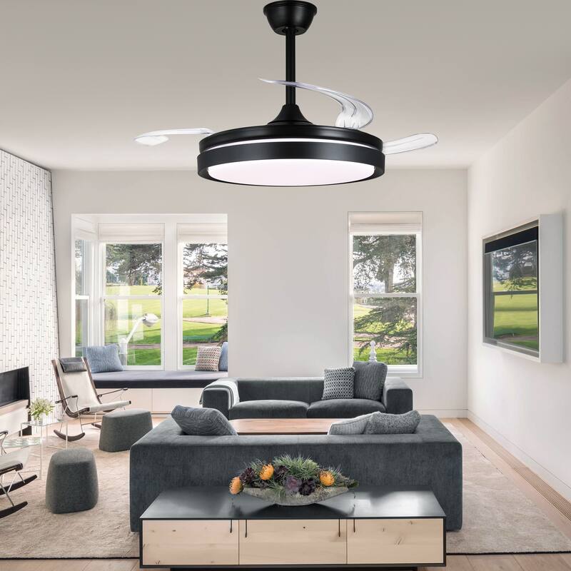 Cusp Barn 42 Inch Retractable Ceiling Fan with Lights, Modern Silent DC Motor 6 Speeds Chandelier Ceiling Fan for Bedroom