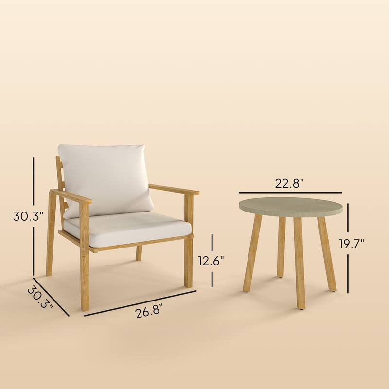 3 Piece Cream White Outdoor Armchair Set with Table and Cushions - 26.8" W x 30.3" D x 30.3" H