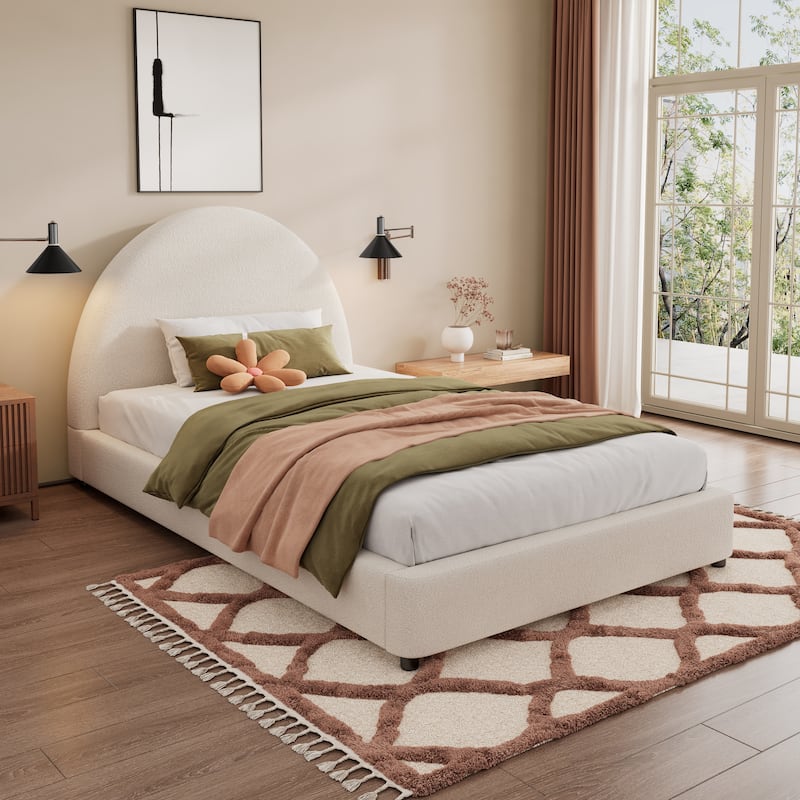 Twin Size Bed Frame With Boucle Upholstered Round Curved Headboard - White