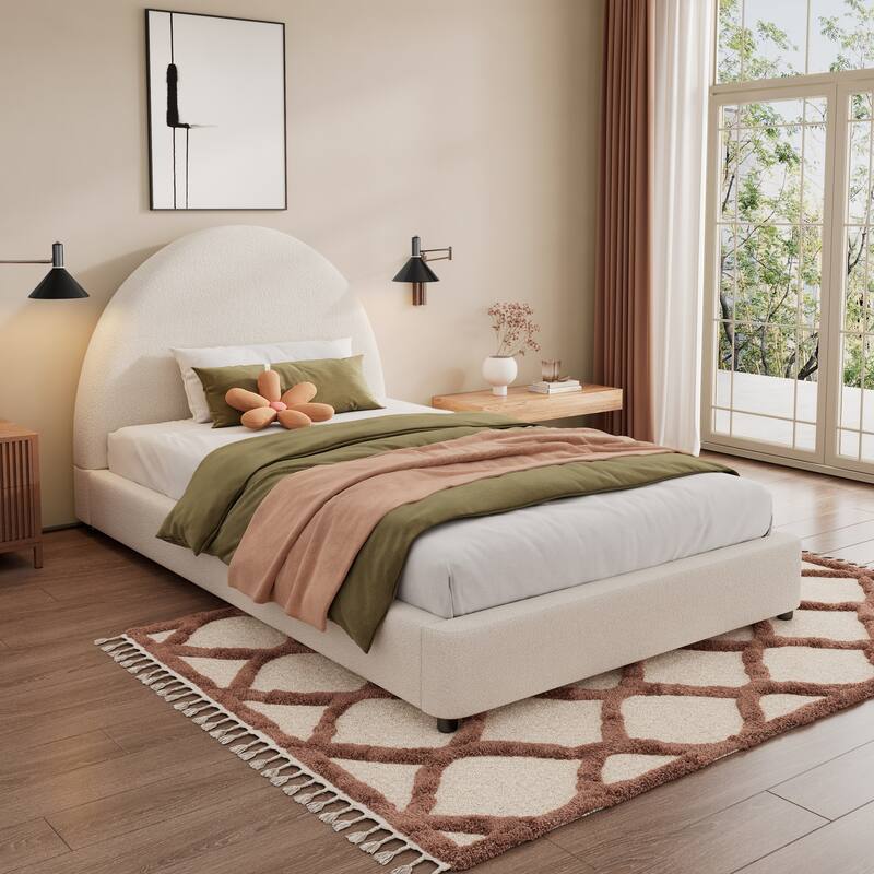 Upholstered Bed with Round Curved Headboard Wingback Bed, White Boucle Platform Bed Frame - White - Twin