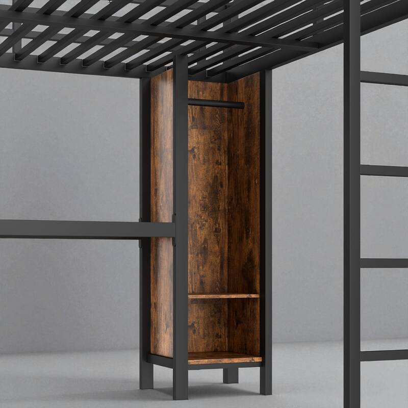 Queen Metal Loft Bed with L-Shaped Desk, Wardrobe, Shelves, Heavy-Duty Frame for Teens Adults