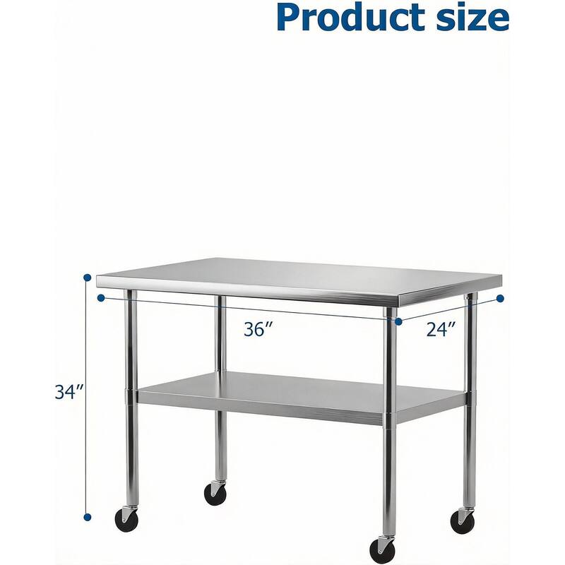 Heavy Duty Stainless Steel Work Table, with Wheels and Adjustable Bottom Shelf