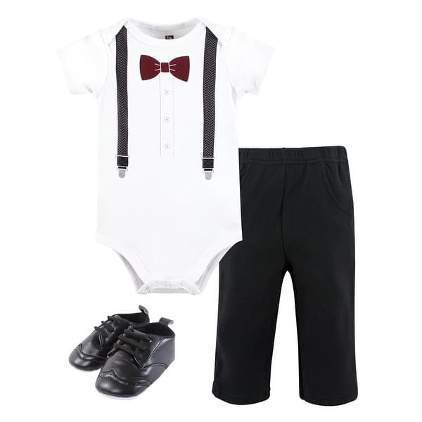 slide 1 of 1, Hudson Baby Infant Boy Cotton Bodysuit, Pant and Shoe Set, Burgundy Black Bow Tie 6-9 Months - Burgundy Black Bow Tie