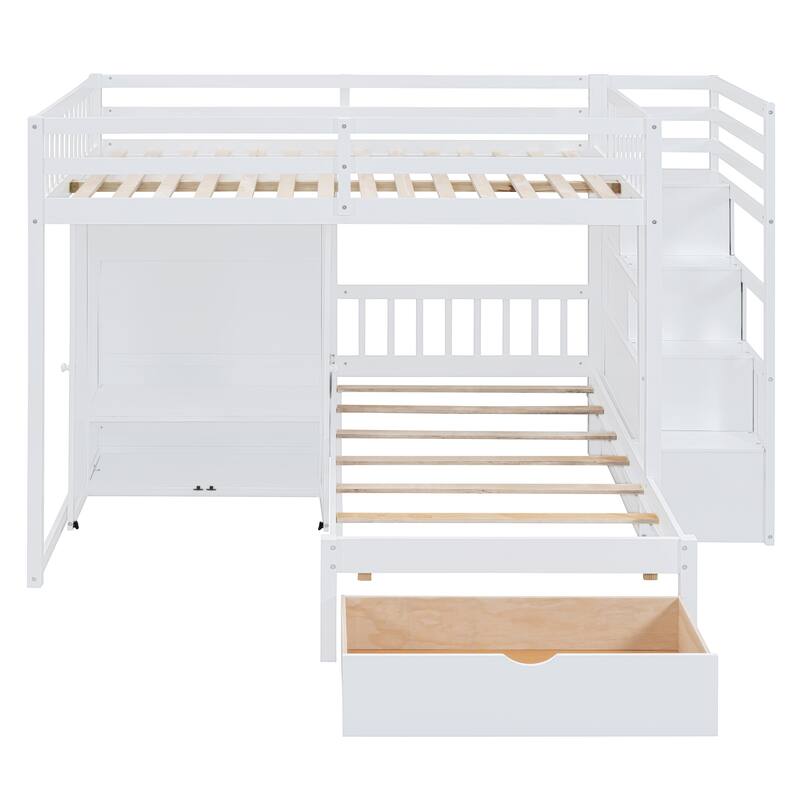 White Full Over Twin Bunk Bed with Wardrobe and Drawers, Space-Saving Design