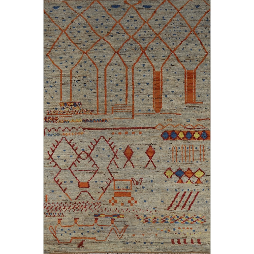 Moroccan Oriental Area Rug Hand-Knotted Grey Wool Carpet - 6'8" x 9'10"