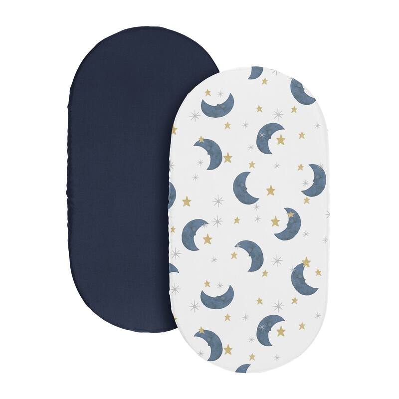 Sweet Jojo Designs Moon & Star Boy, Girl, Unisex/Gender Neutral 2 Pack Baby Bassinet Fitted Sheets - Solid Blue & Celestial, Sky