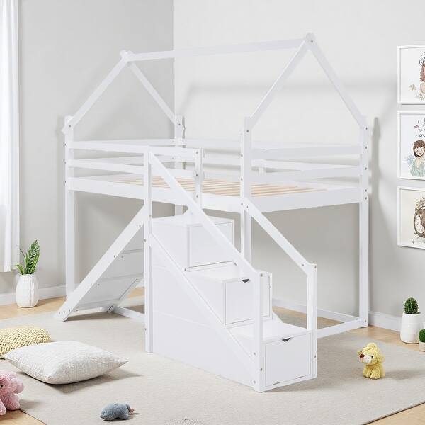 Twin Size Solid Wood House Loft Bed with Slide and Storage Staircase ...